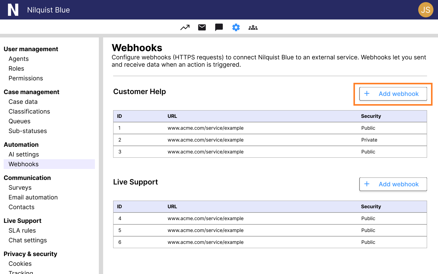 The Webhooks configuration screen, indicating you should select the Add Webhook button in the Global section.