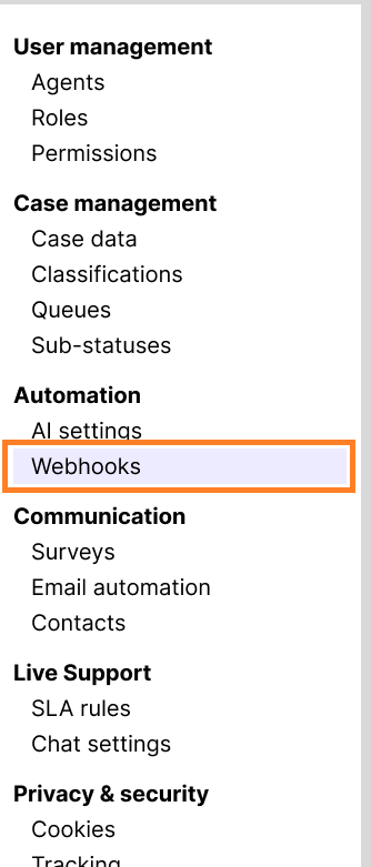 Settings menu, indicating that the Webhooks option under Miscellaneous Settings be selected.