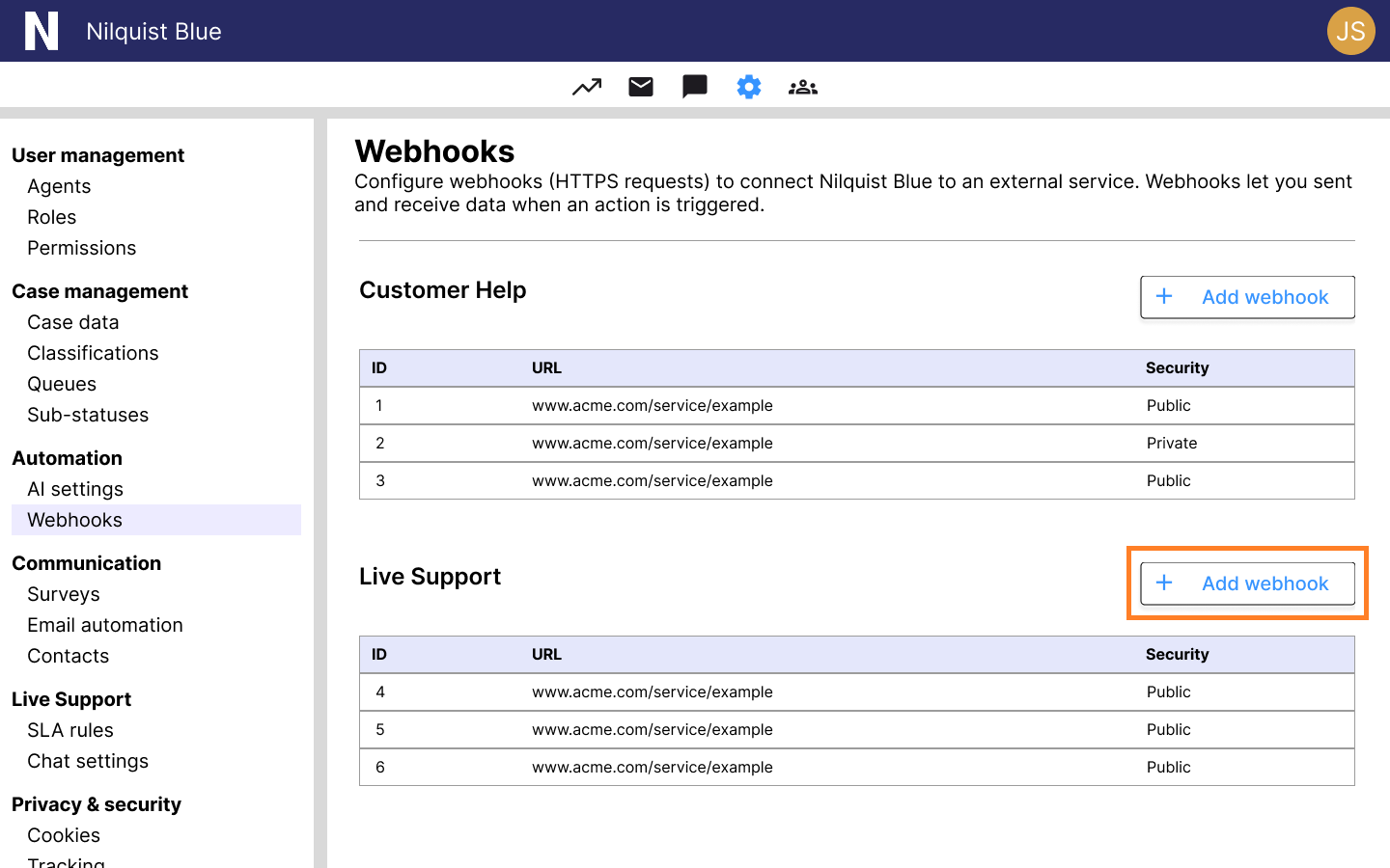 The Webhooks configuration screen, indicating you should select the Add Webhook button in the Live Chat specific section.